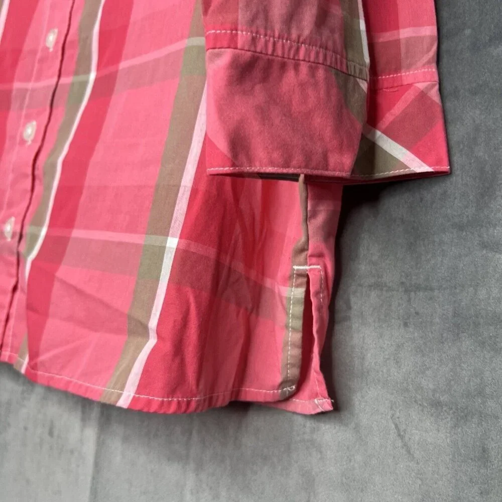 Rebecca Malone Top XL Casual Button Up 3/4 Sleeve Pink Plaid Blouse Collared - Picture 3 of 8